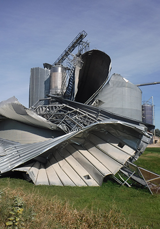 A grain silo twisted by the August 2020 derecho