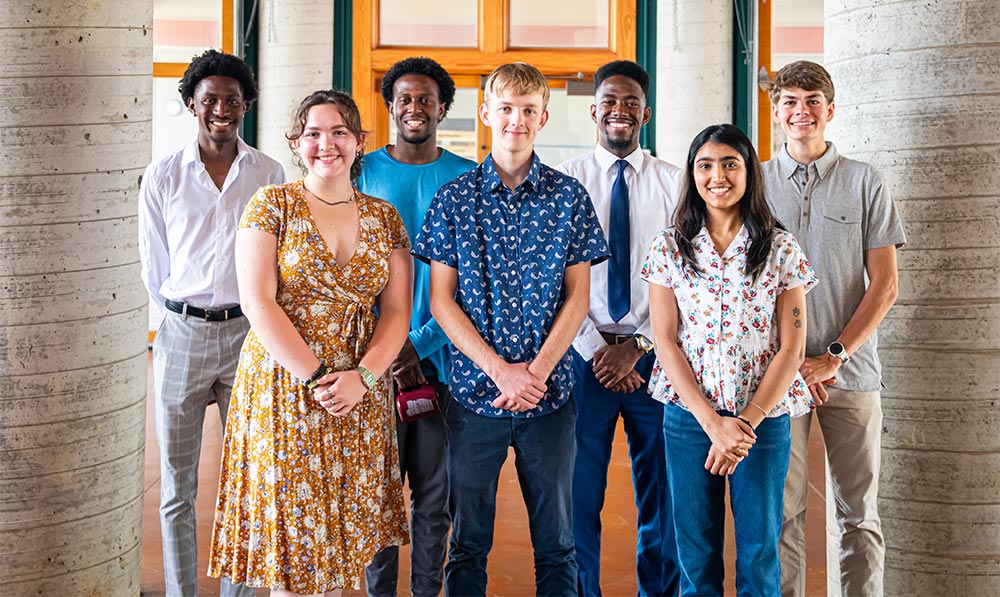 From left to right, students participating in the Research and Extension Experiences for Undergraduates program include Eric Brannon, Alabama A&M University; Megan Berry, MSU; Devon Mabry, Coahoma Community College; Paul Gramelspacher, MSU; Adrian Rhoden, Alabama A&M University; Surabhi Gupta, MSU; and Carson Bedics, Auburn University. Photo by David Ammon
