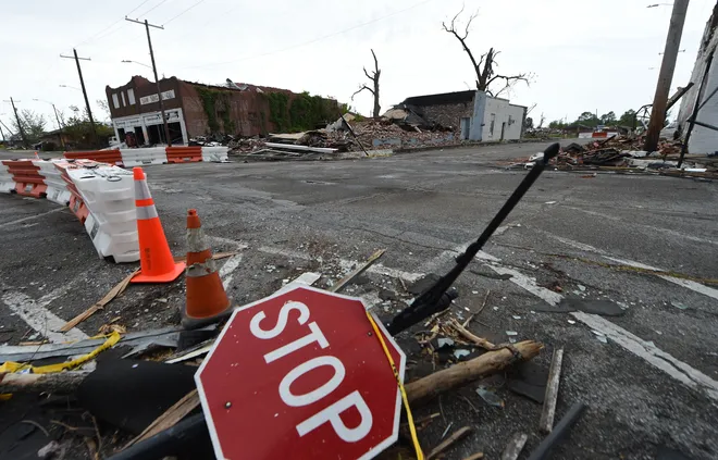 : A month after an EF-4 tornado hit Rolling Fork, Miss., the intersection of Locus Street and Robert Morganfield Way is blocked off from traffic, Wednesday, April 26, 2023.  Photo by Barbara Gauntt, Clarion Ledger