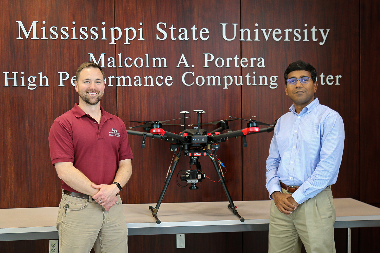 Daniel McCraine (right), Research Engineer with the Geosystems Research Institute, and Dr. Sathish Samiappan (left), Associate Research Professor with the Geosystems Research Institute.