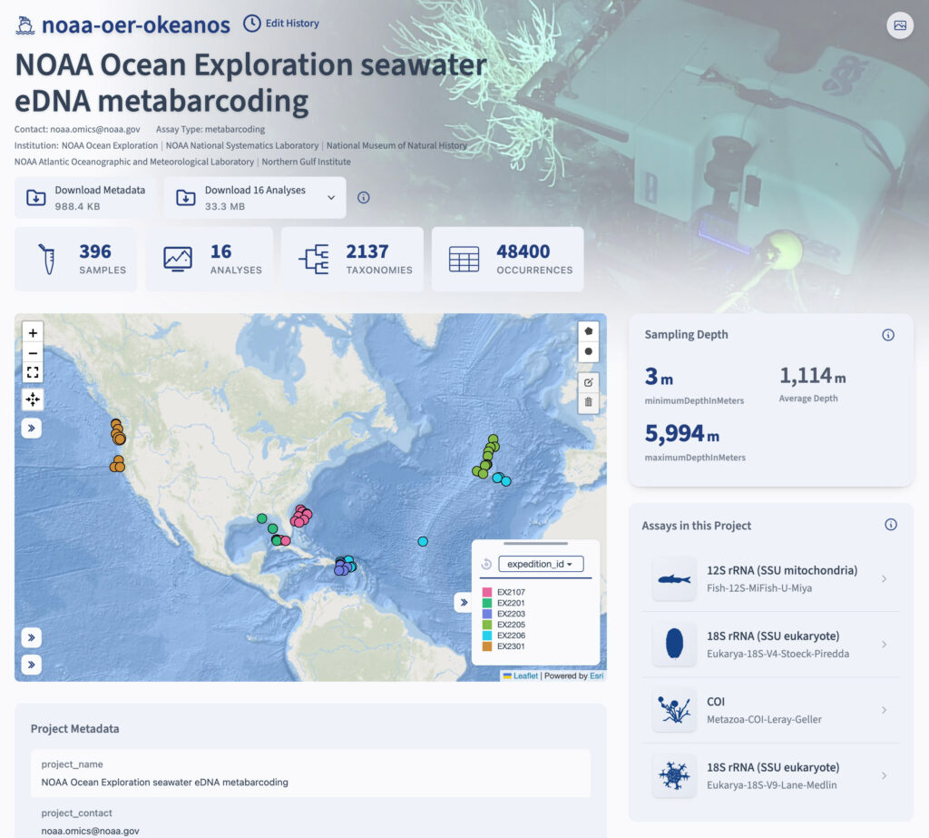 NOAA Ocean Exploration seawater eDNA metabarcoding screenshot